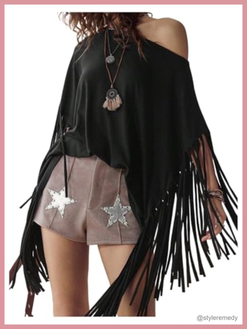 Fringe Tassel Off Shoulder Short Sleeve Asymmetrical Boho Top Loose Fit